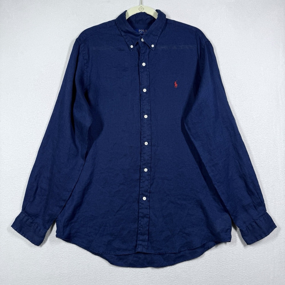 Polo Ralph Lauren Linen Shirt Mens Large 100% Linen Blue Pony Logo Long Sleeve